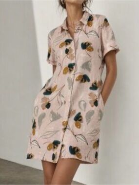 Zoe Rachel 100% Linen Floral Pink Shirt Dress Sz XL Pockets Button Down Summer